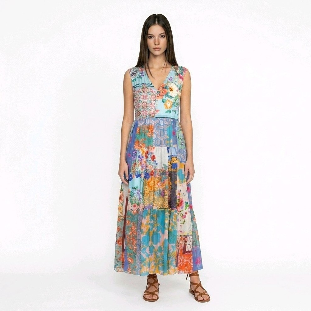 Johnny Was Cherika Natania Patchwork Floral Midi Dress XS Boho Tassel Rayon